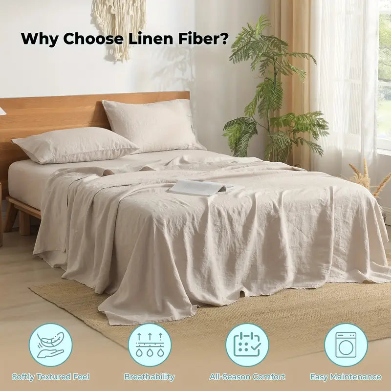100% Linen Washed Sheet Set | Soft, Comfortable & Breathable with 16in Deep Pocket Fitted Sheet - Multiple Colors Available