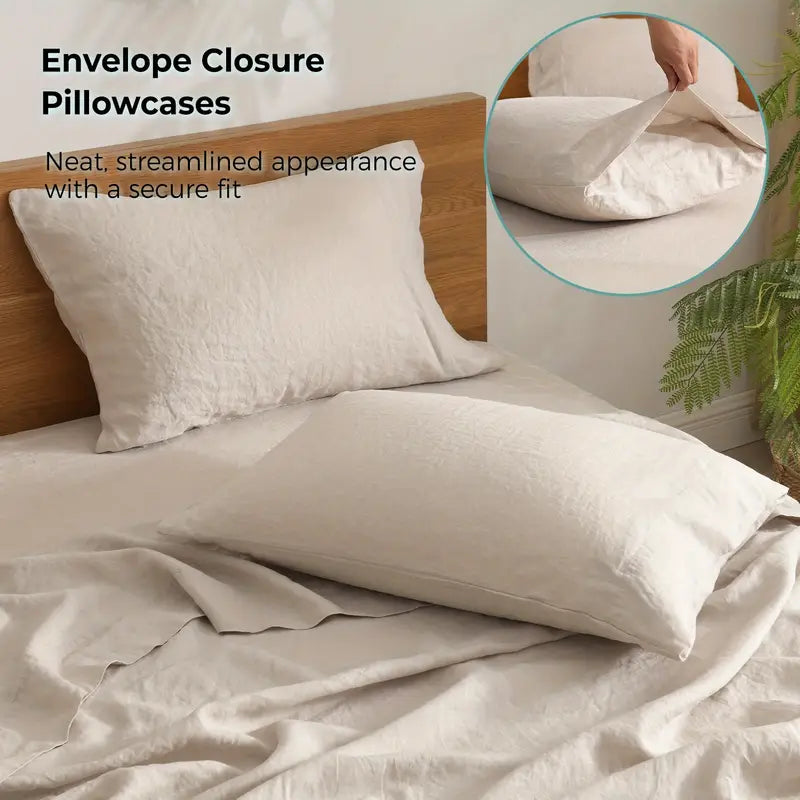 100% Linen Washed Sheet Set | Soft, Comfortable & Breathable with 16in Deep Pocket Fitted Sheet - Multiple Colors Available