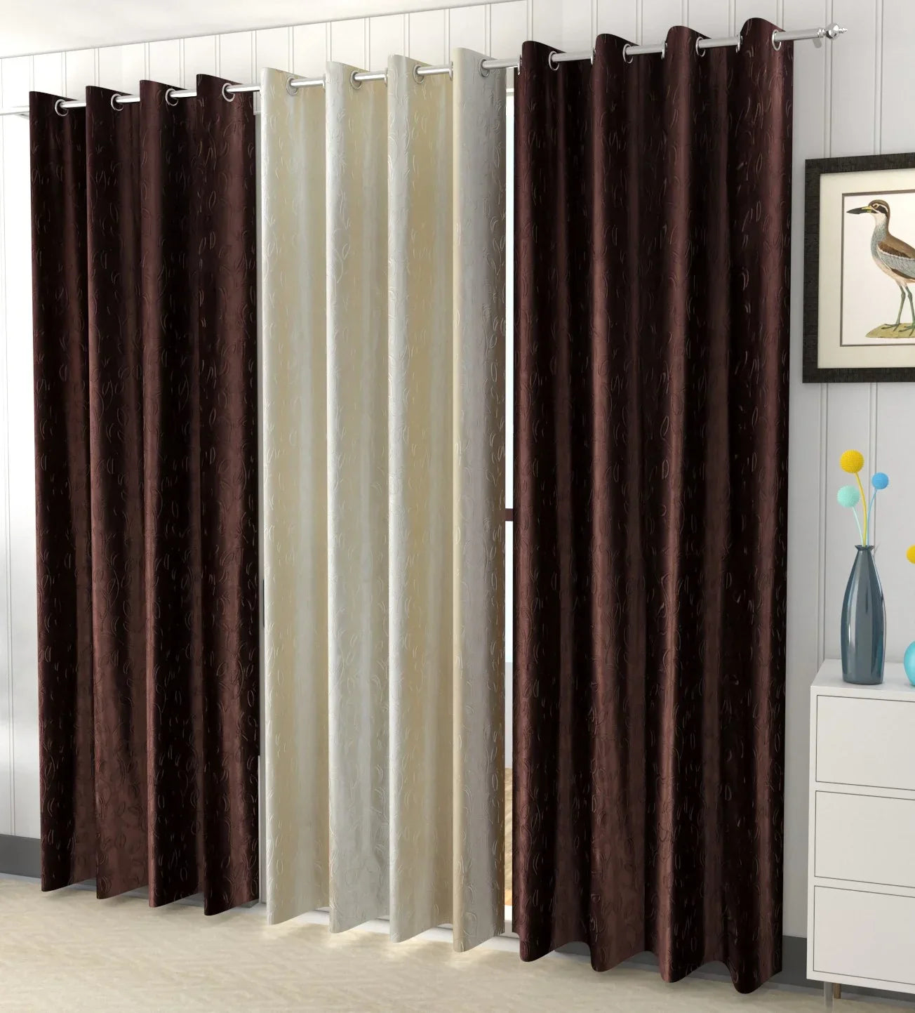 Brown Leaflet Polyester Curtains (Set of 3)