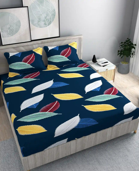 Navy Leafage - Queen/Double - Fitted Bedsheet (76×72 inches)