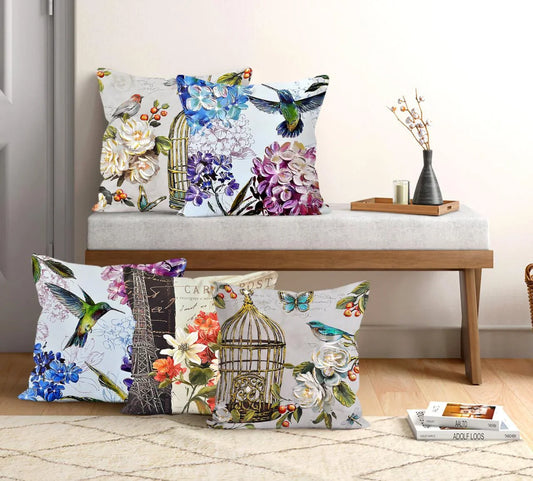 Satin Printed Cushion Covers (Set of 5) - Bird Cage