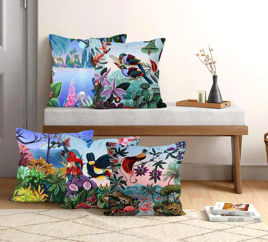 Satin Printed Cushion Covers (Set of 5) - Birds Kingdom