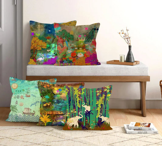 Satin Printed Cushion Covers (Set of 5) - Lake