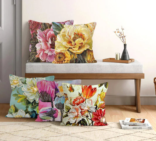 Satin Printed Cushion Covers (Set of 5) - Multi Floral