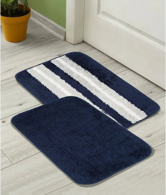 Solid & Striped Combo - Blue Microfibre Doormat (Pack of 2)