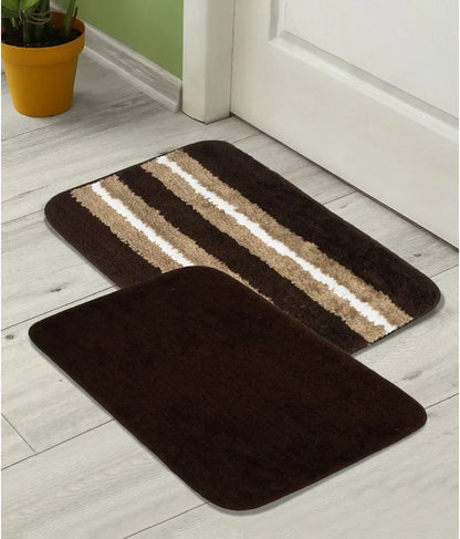 Solid & Striped Combo - Brown Microfibre Doormat (Pack of 2)