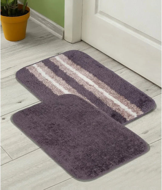 Solid & Striped Combo - Grey Microfibre Doormat (Pack of 2)