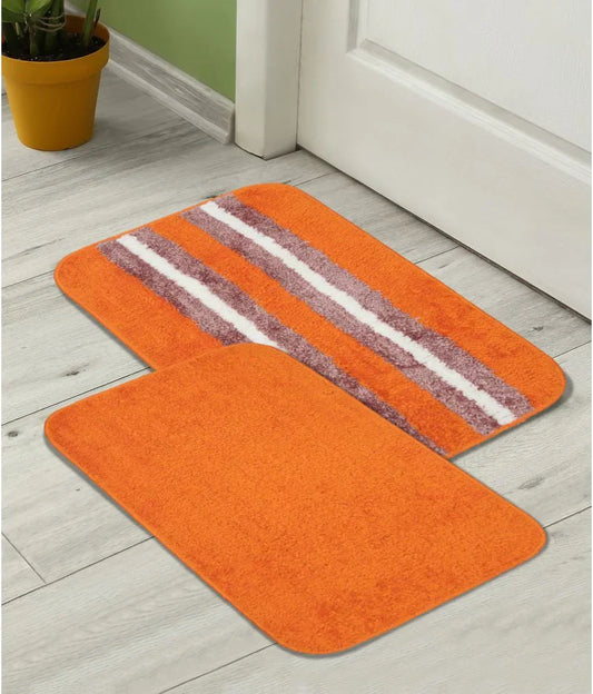 Solid & Striped Combo - Orange Microfibre Doormat (Pack of 2)