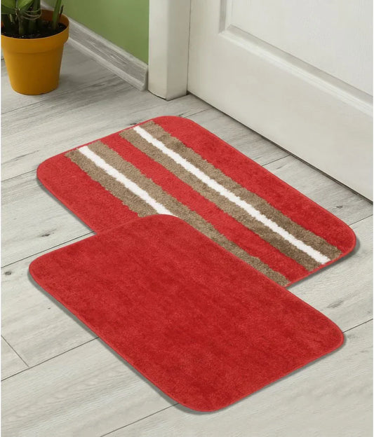 Solid & Striped Combo - Red Microfibre Doormat (Pack of 2)