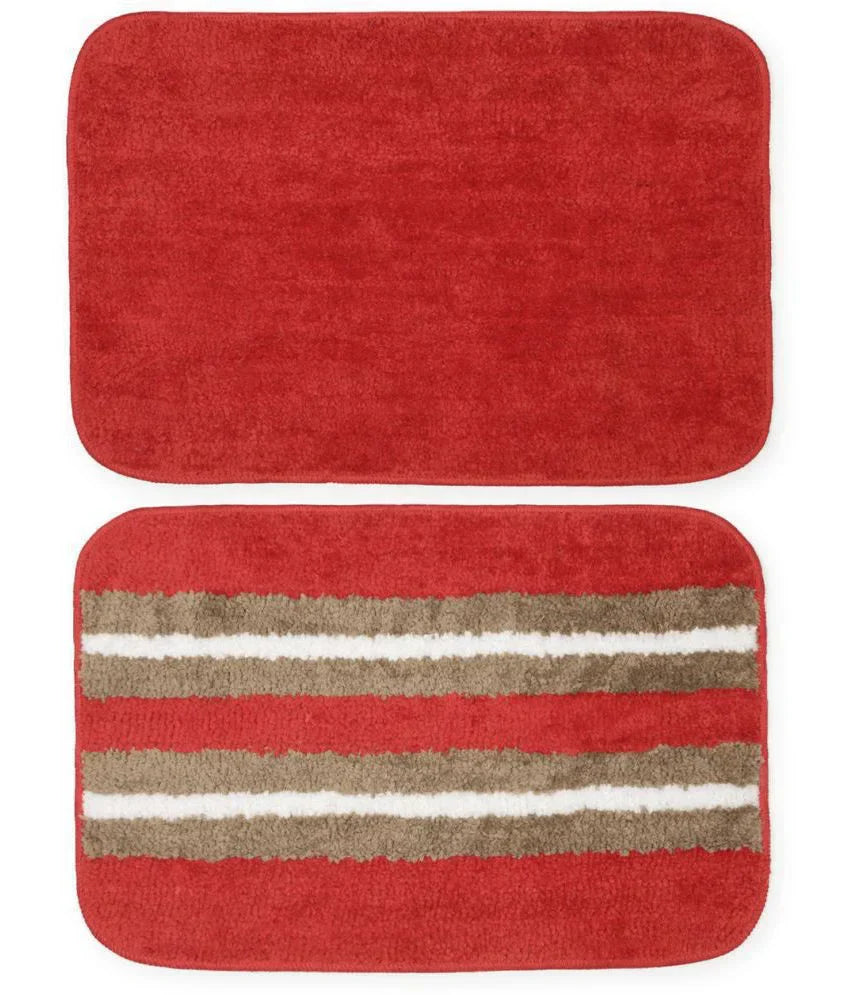 Solid & Striped Combo - Red Microfibre Doormat (Pack of 2)
