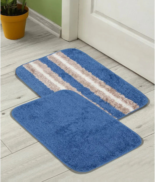 Solid & Striped Combo - Sky Microfibre Doormat (Pack of 2)