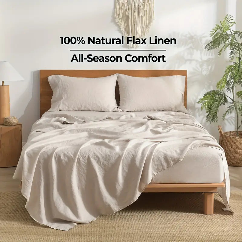 100% Linen Washed Sheet Set | Soft, Comfortable & Breathable with 16in Deep Pocket Fitted Sheet - Multiple Colors Available